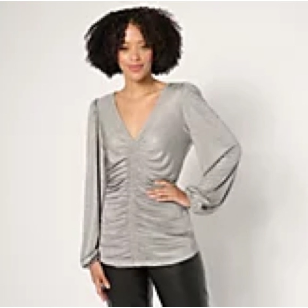 Dennis Basso Silver V-Neck Ruched Blouse